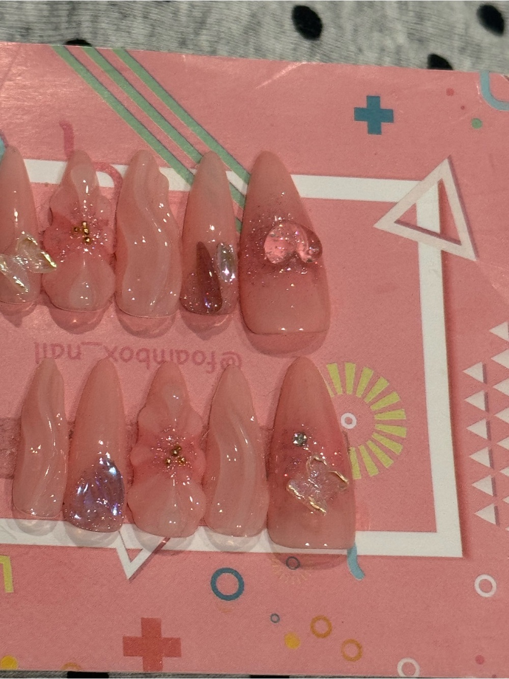 Pink Press-On Nails with 3D Floral and Gem Accents